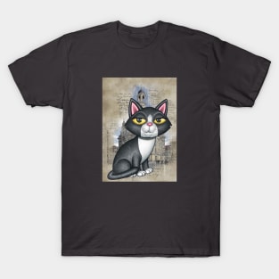 Cute black and white kitty in front of old church sketch T-Shirt